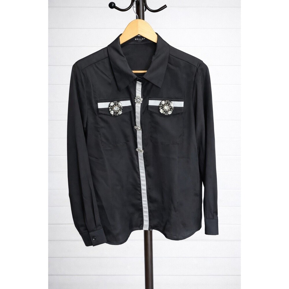 Beulah Black Satin Blouse white Grosgain trim with Rhinestone Buttons L